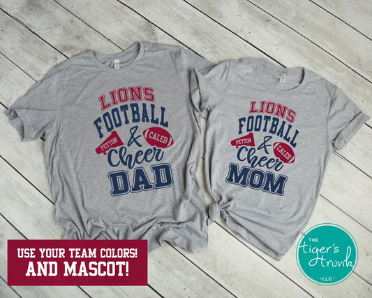 Football and Cheer matching parent shirt set with megaphone and football design, school colors, mascot name, and personalized names or jersey number