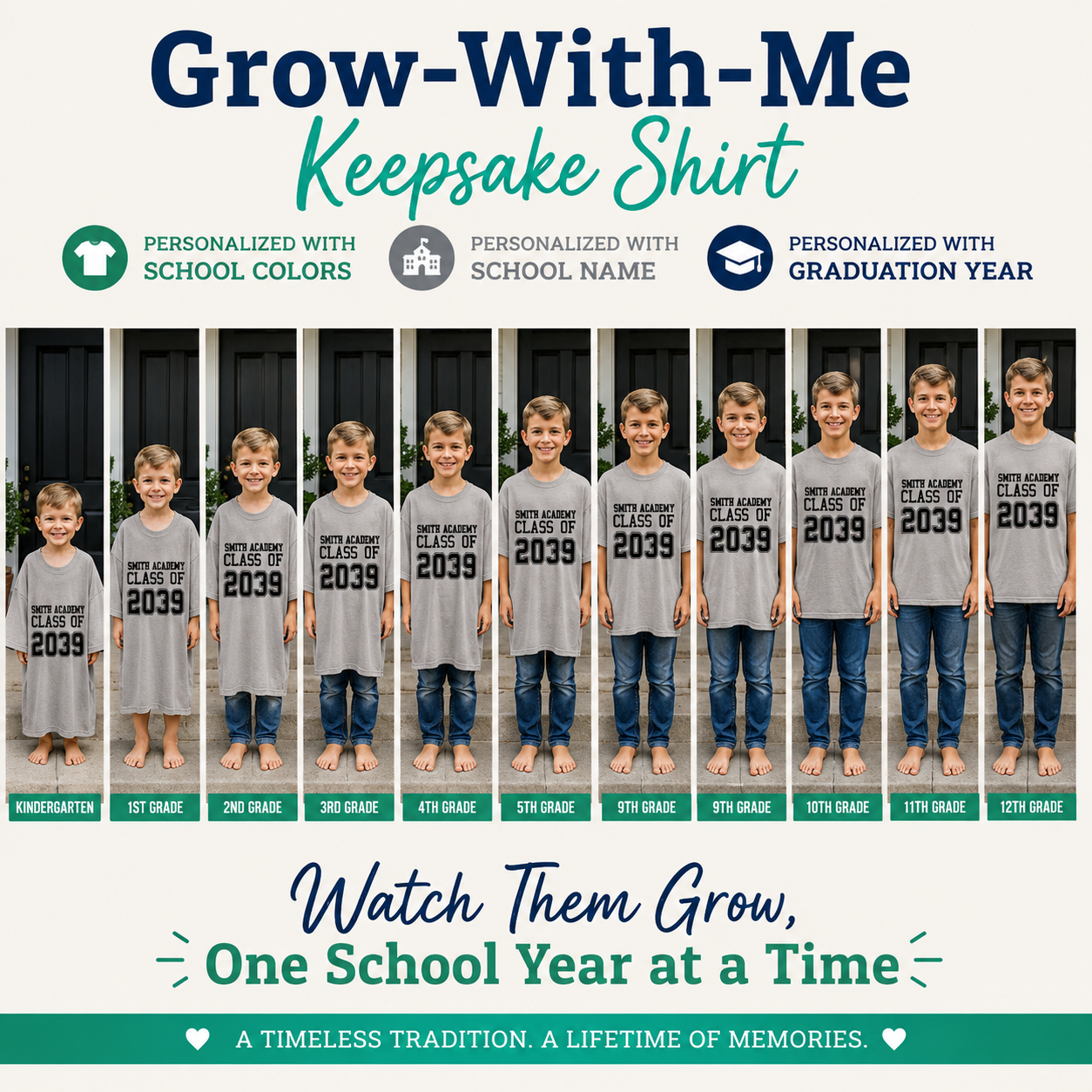 Promotional image of 'Grow-With-Me Keepsake Shirt' with children wearing shirts for each grade from kindergarten to 12th grade.