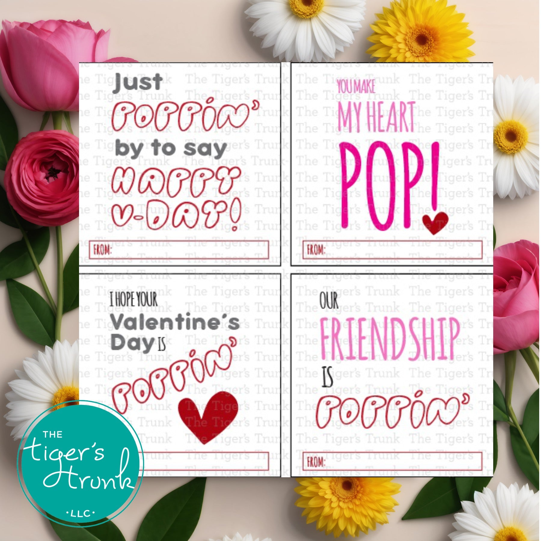 Printable pop-themed Valentine’s tags featuring fun messages like "Just Poppin' By to Say Happy V-Day" and "You Make My Heart Pop," perfect for gum, popcorn, bubbles, or fidget toys.