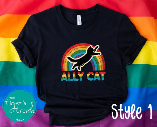 T-shirt with rainbow cat and the text “Ally Cat,” LGBTQ+ Pride graphic tee for allies and cat lovers