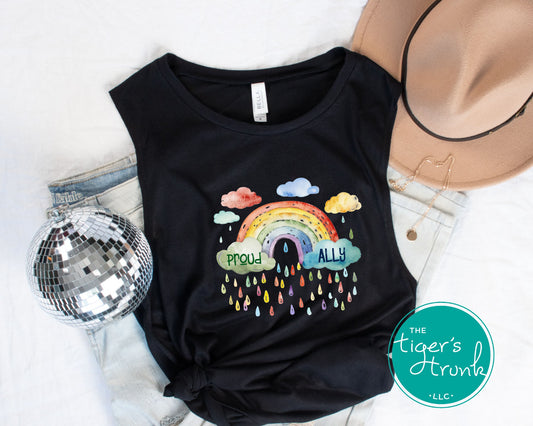 Sleeveless muscle tank with rainbow and raindrops and the words “Proud Ally,” LGBTQ+ Pride shirt for queer allies and supporters