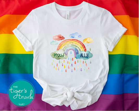  T-shirt with rainbow and raindrops and the phrase “Proud Ally,” LGBTQ+ Pride shirt for allies showing love and support