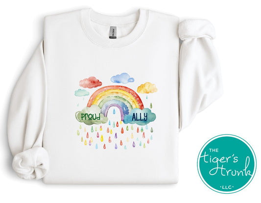 Sweatshirt with rainbow and colorful raindrops and the phrase “Proud Ally,” LGBTQ+ Pride pullover for visible queer ally support