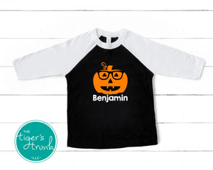 Fall Shirt | Halloween Shirt | Personalized Pumpkin with Glasses | Personalized Pumpkin with a Bow | Raglan Shirt