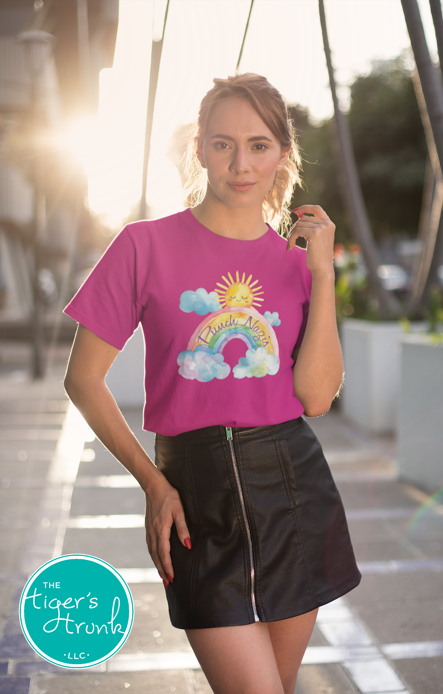 Cute watercolor rainbow and sunshine t-shirt with hidden Punch Nazis message, playful activist apparel