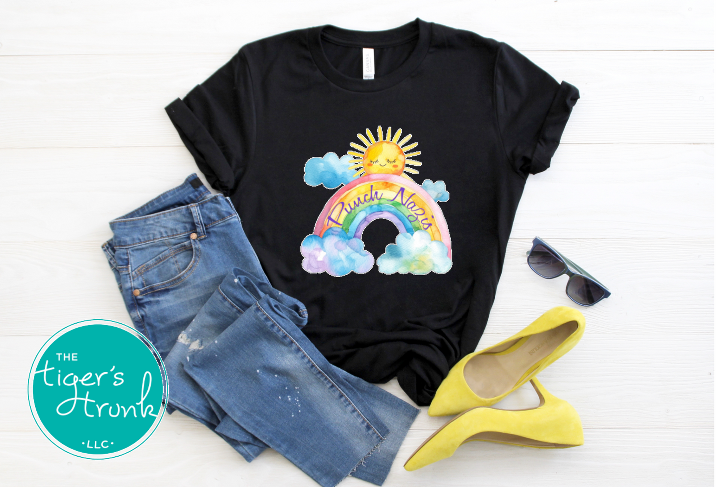 Cute watercolor rainbow and sunshine t-shirt with hidden Punch Nazis message, playful activist apparel