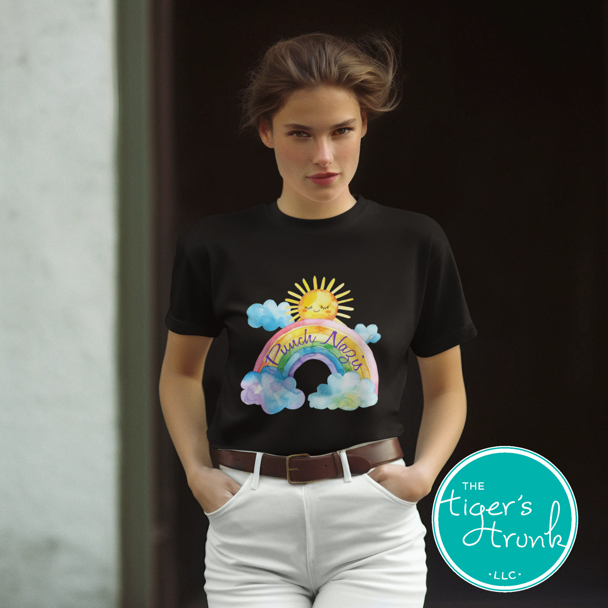 Cute watercolor rainbow and sunshine t-shirt with hidden Punch Nazis message, playful activist apparel