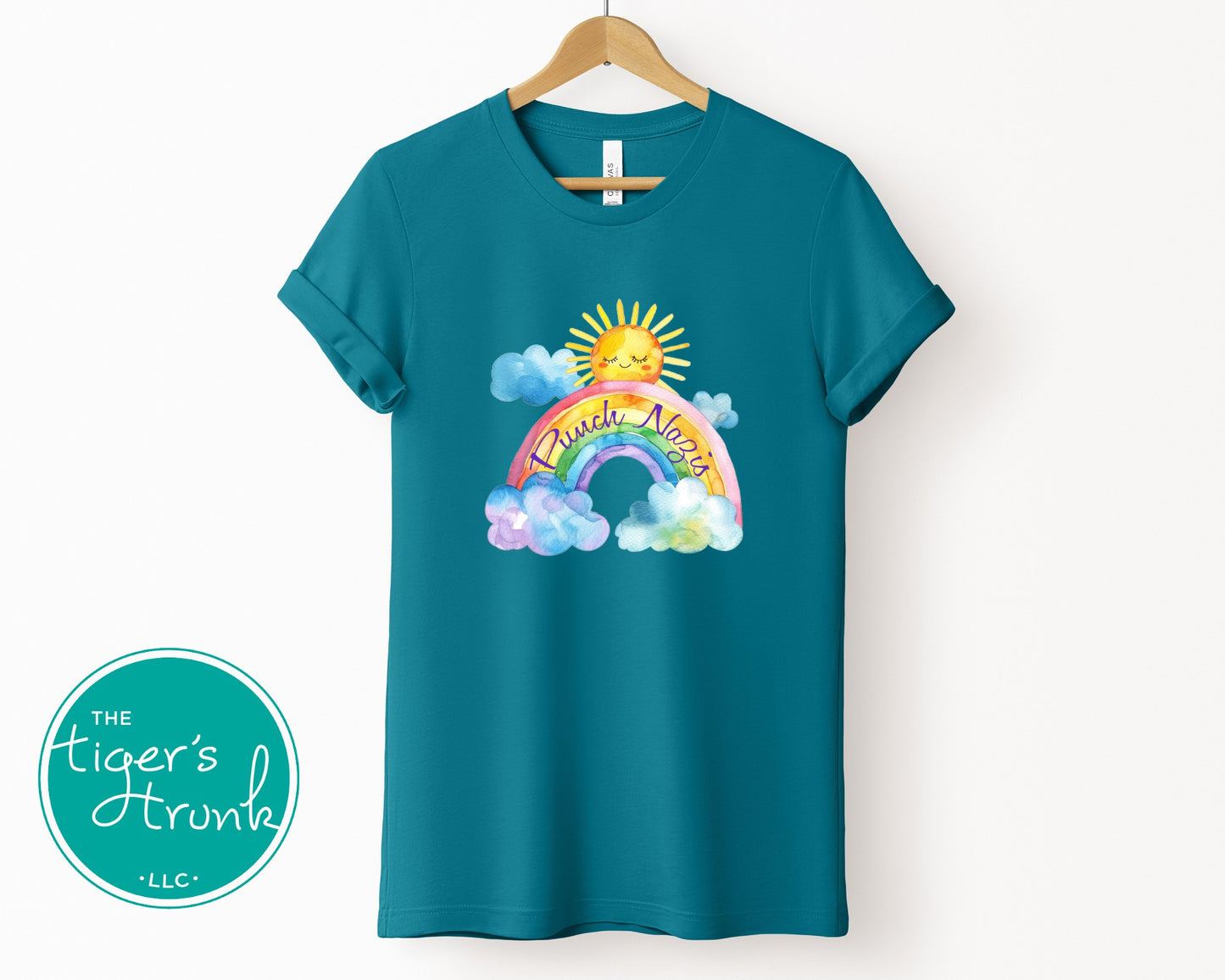 Cute watercolor rainbow and sunshine t-shirt with hidden Punch Nazis message, playful activist apparel