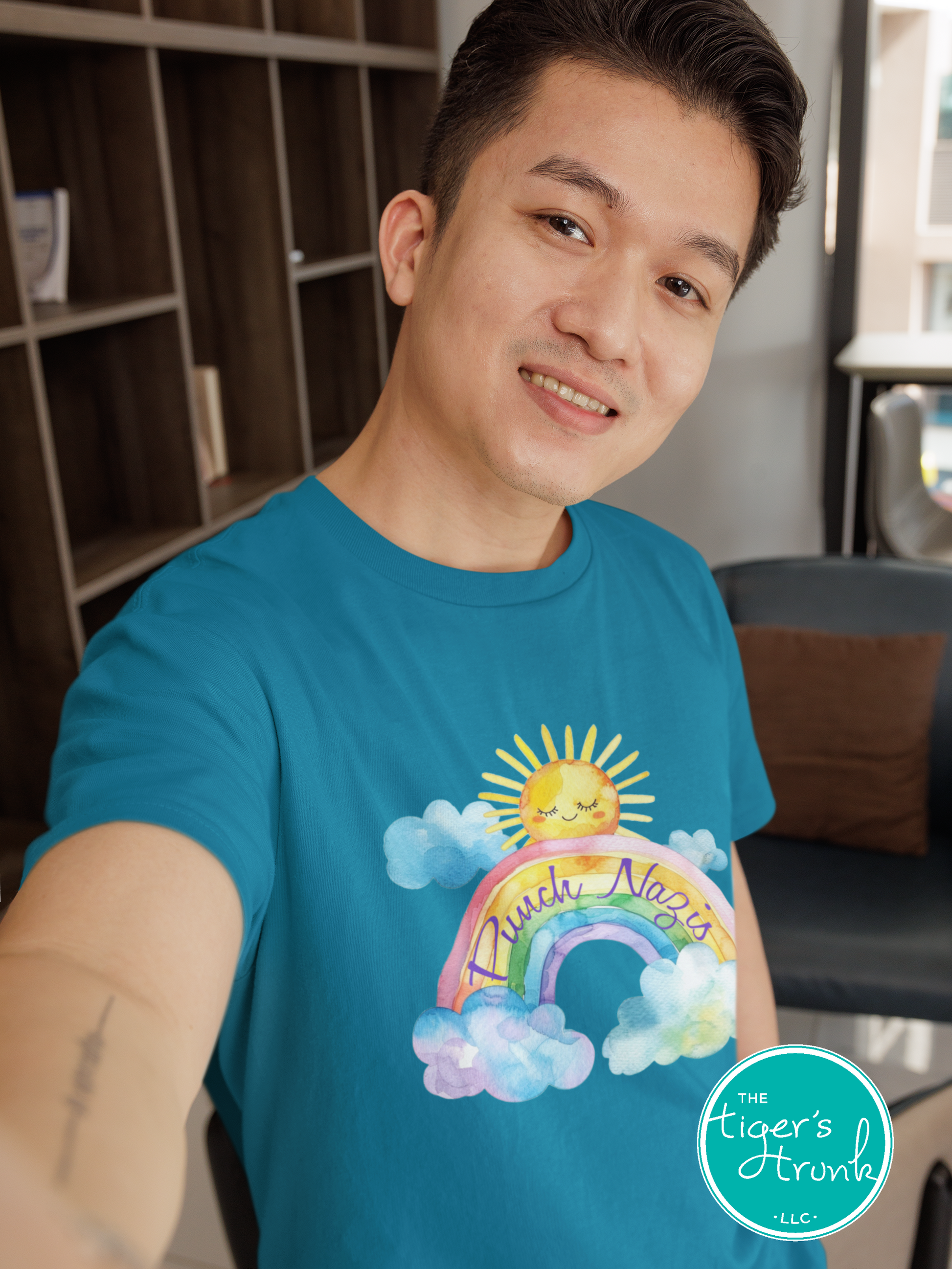 Cute watercolor rainbow and sunshine t-shirt with hidden Punch Nazis message, playful activist apparel