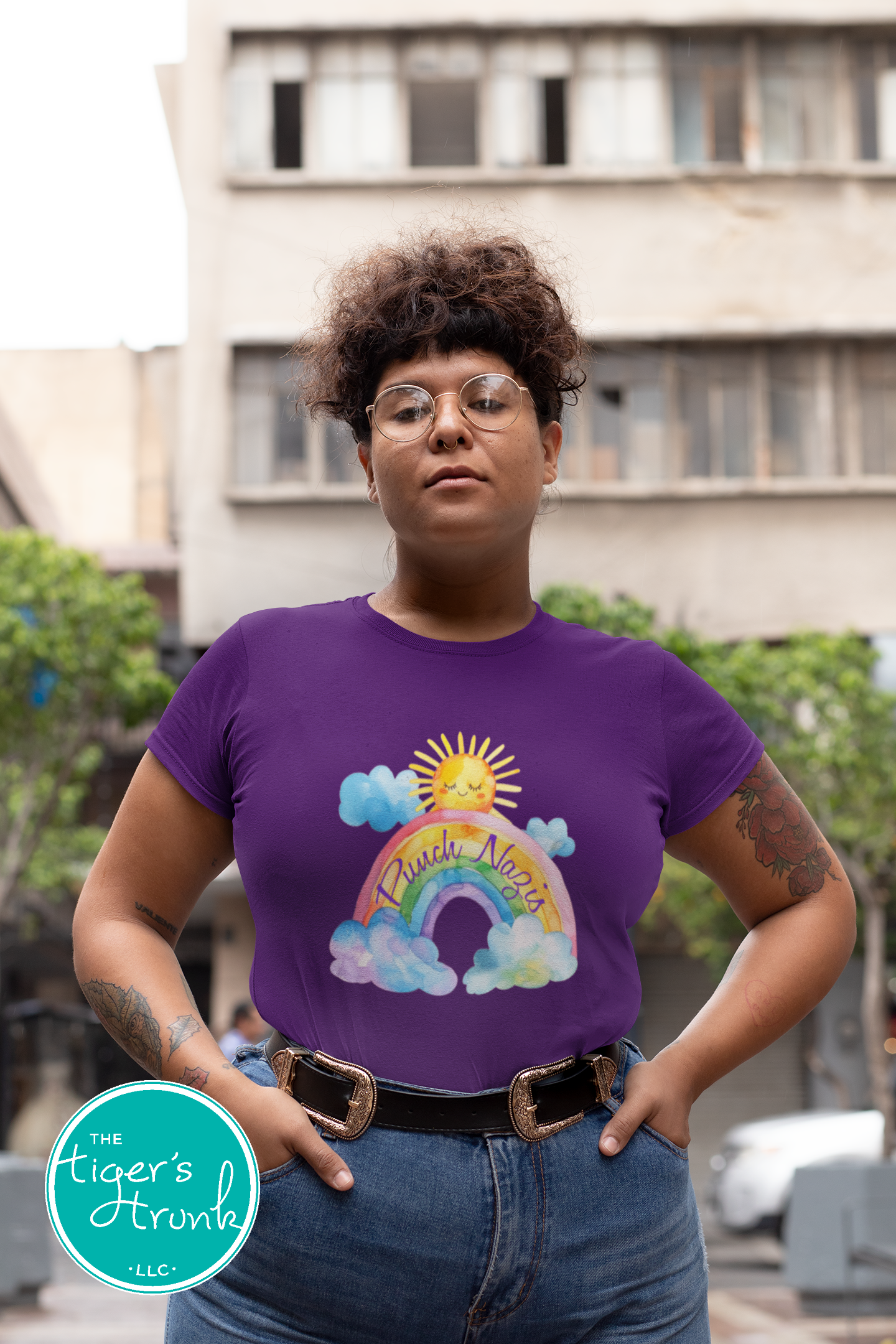 Cute watercolor rainbow and sunshine t-shirt with hidden Punch Nazis message, playful activist apparel