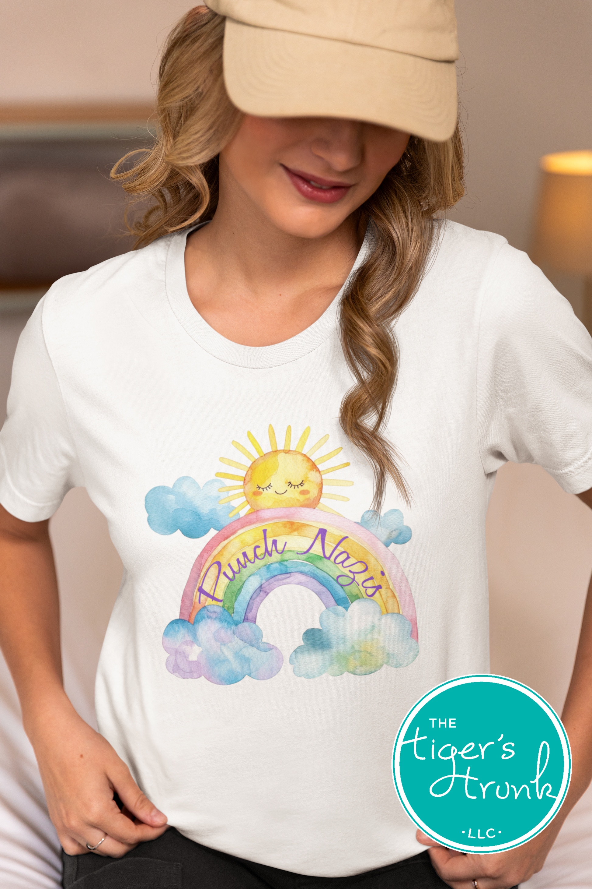 Cute watercolor rainbow and sunshine t-shirt with hidden Punch Nazis message, playful activist apparel