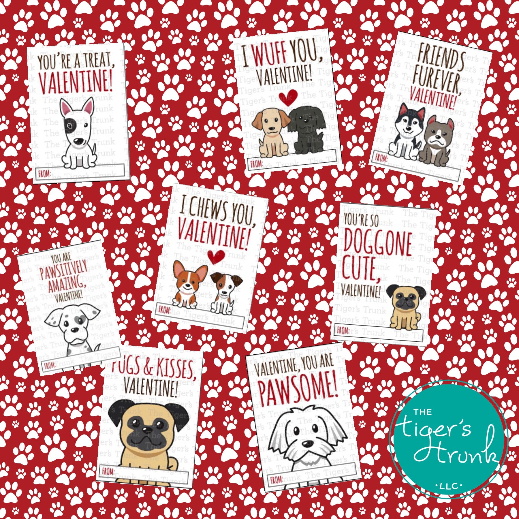 Printable puppy Valentine cards with 8 unique designs, instant download, perfect for classroom or party exchanges.