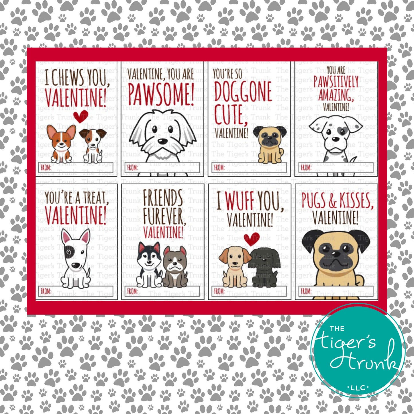 Printable puppy Valentine cards with 8 unique designs, instant download, perfect for classroom or party exchanges.