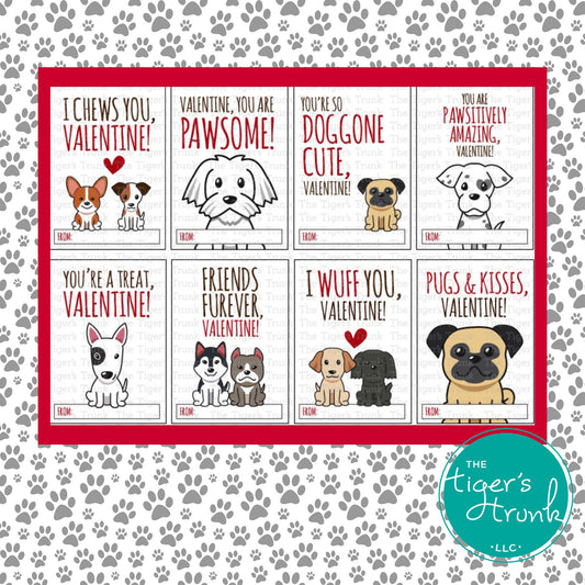 Printable puppy Valentine cards with 8 unique designs, instant download, perfect for classroom or party exchanges.