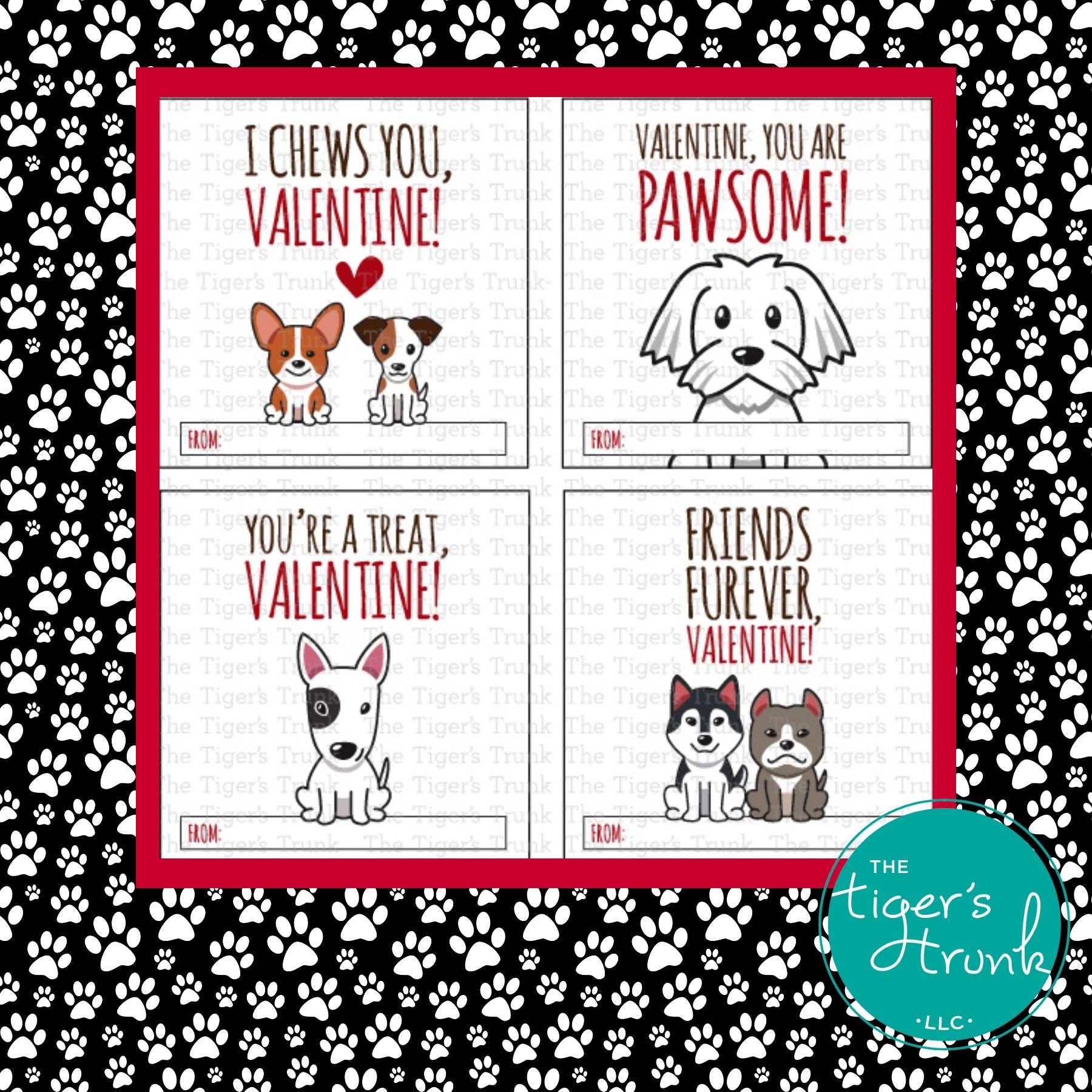 Printable puppy Valentine square tags with 8 unique designs, instant download, perfect for classroom favors or gift tags.