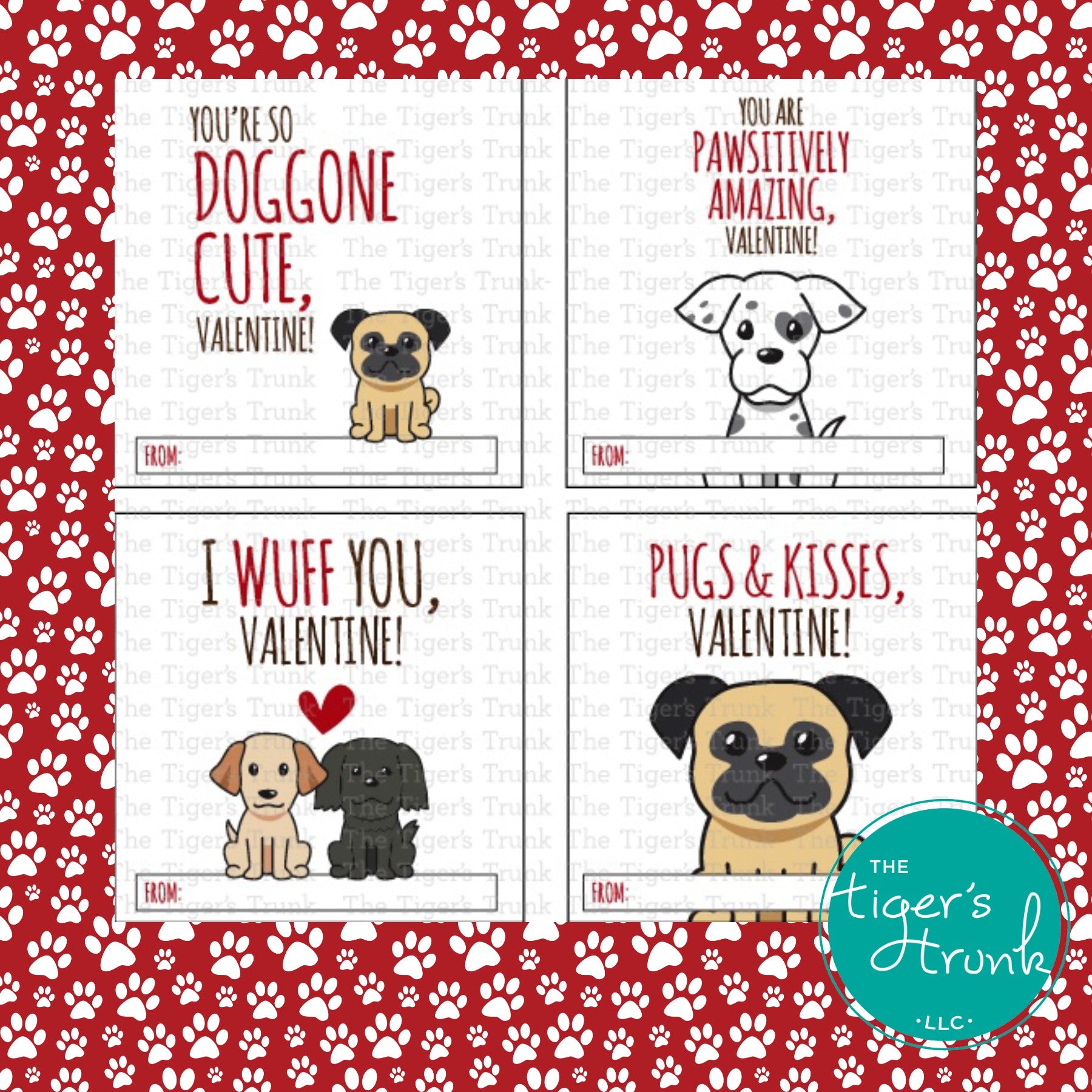 Printable puppy Valentine square tags with 8 unique designs, instant download, perfect for classroom favors or gift tags.