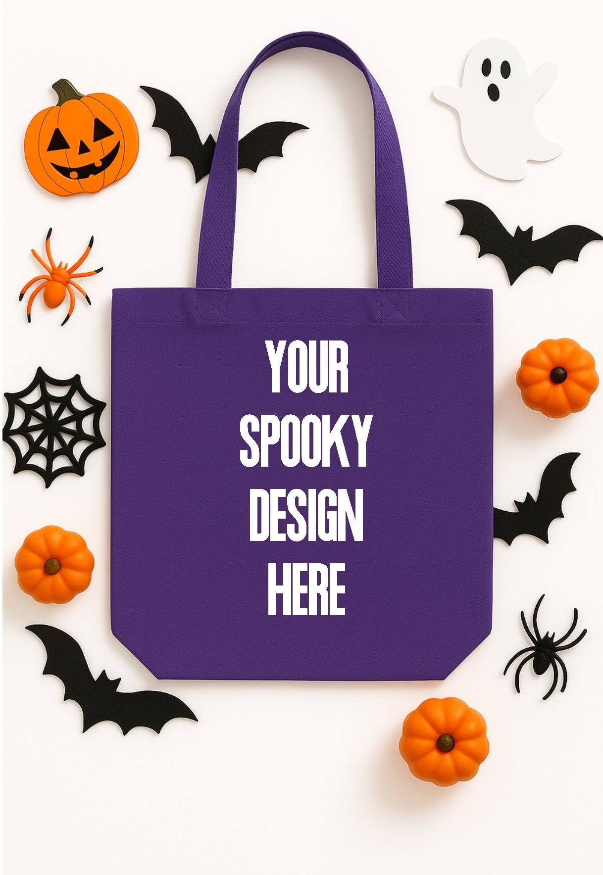 Purple tote bag with Halloween-themed decorations on a white background