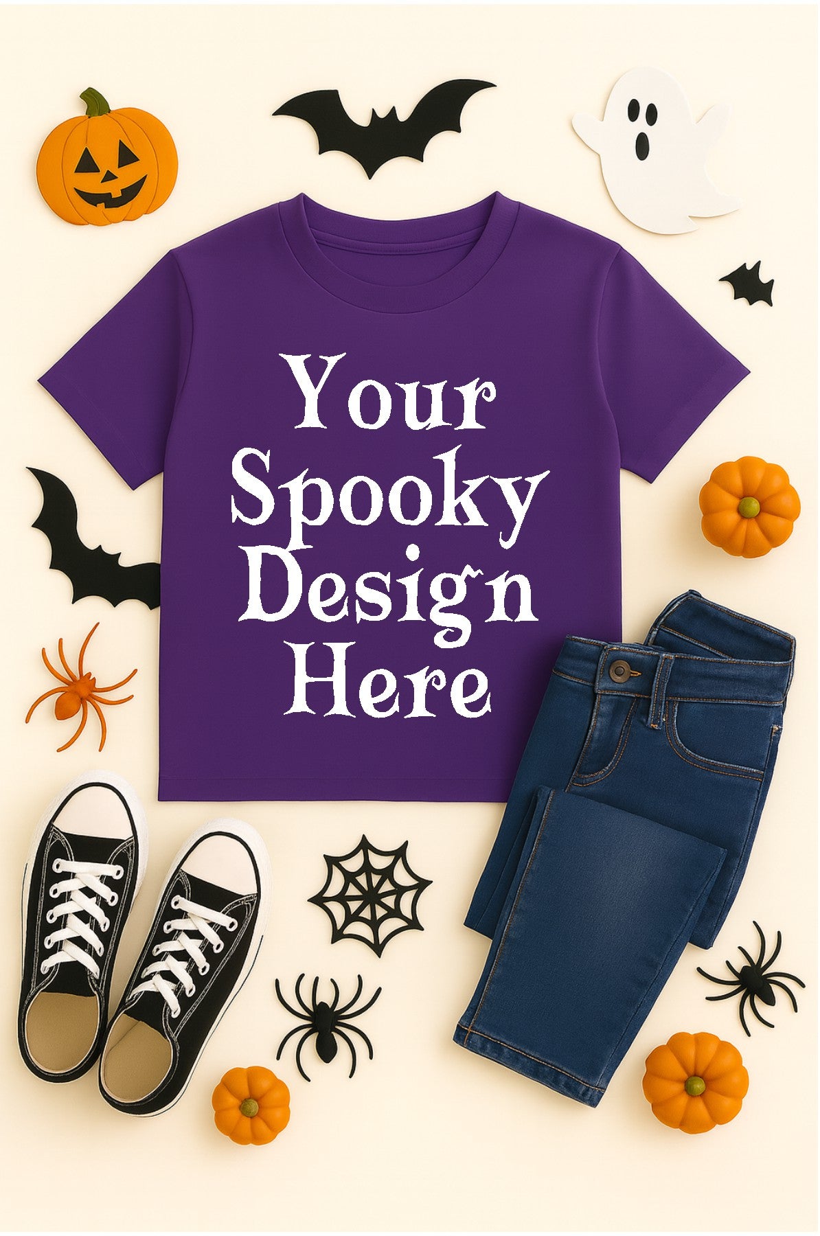 Purple t-shirt with 'Your Spooky Design Here' text, surrounded by Halloween-themed items on a white background.