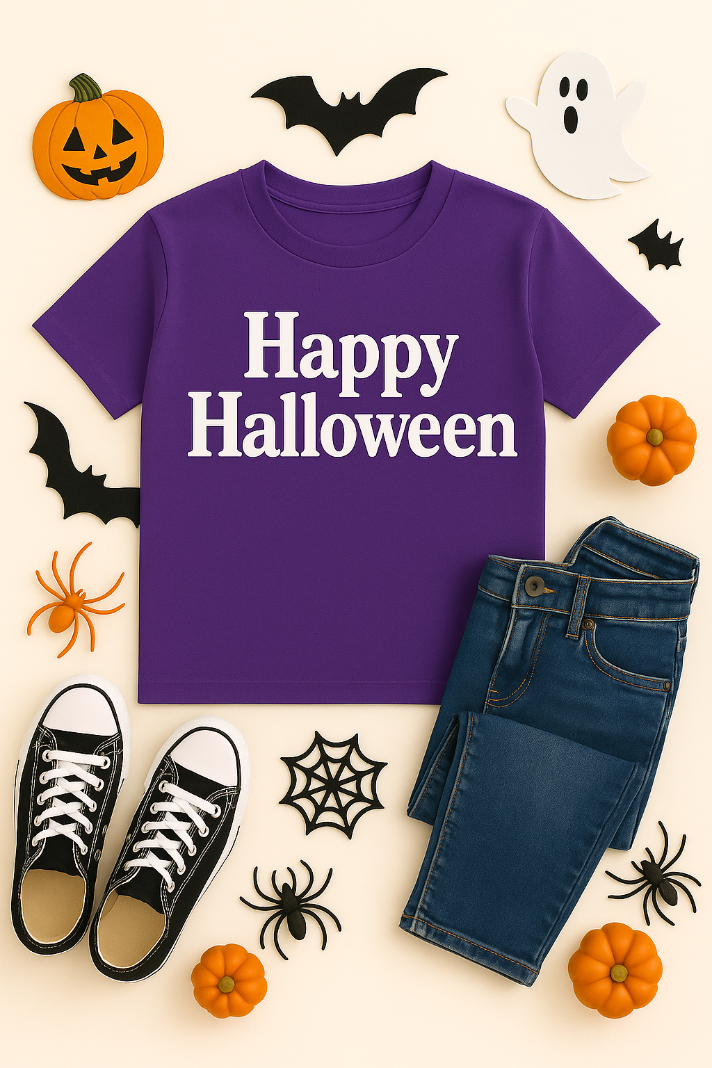 Purple t-shirt with 'Happy Halloween' text, surrounded by Halloween-themed items on a beige background.