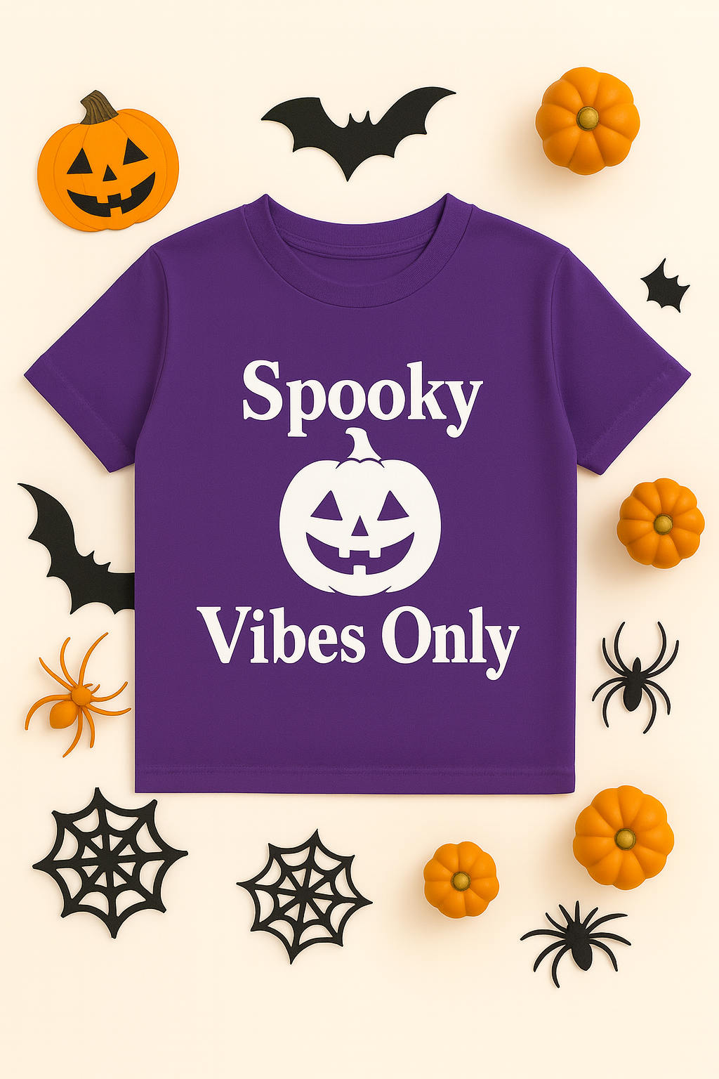 Purple t-shirt with 'Spooky Vibes Only' text and pumpkin graphic, surrounded by Halloween decorations on a beige background.