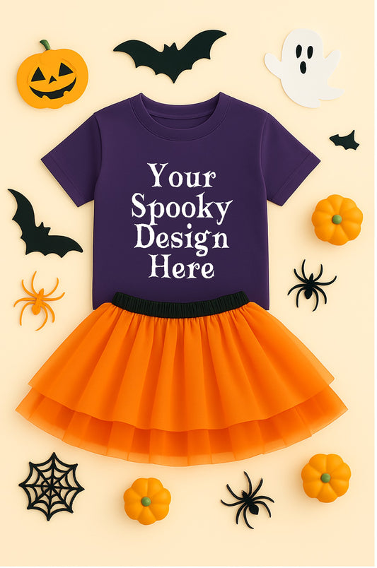 Purple Youth Shirt Mockup PNG with Halloween Décor