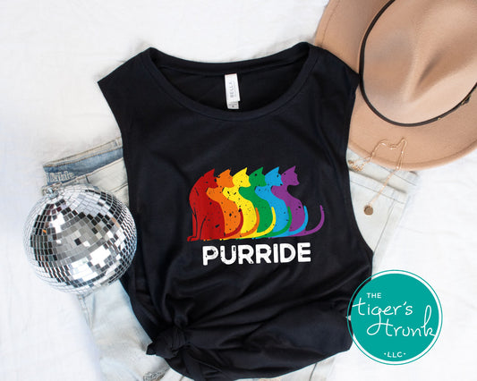 Muscle tank top with rainbow cat graphics and the word “Purride,” LGBTQ+ sleeveless Pride shirt for allies and queer cat lovers