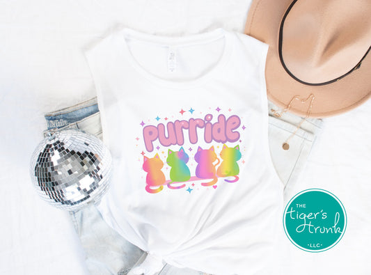 Muscle tank top with rainbow cat graphics and the word “Purride,” LGBTQ+ sleeveless Pride shirt for allies and queer cat lovers