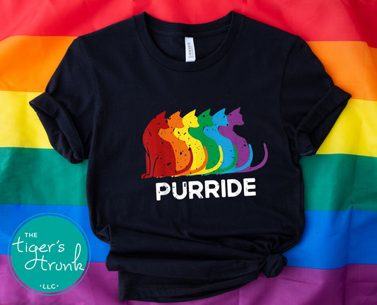 T-shirt with rainbow cat graphics and the word “Purride,” LGBTQ+ Pride shirt with feline design for allies and queer cat lovers