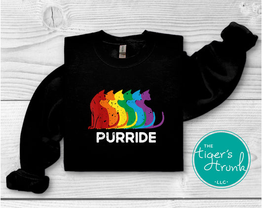 Sweatshirt with rainbow cat graphics and the word “Purride,” LGBTQ+ Pride pullover for queer cat lovers and allies