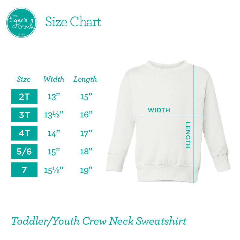 Size chart for toddler/youth crew neck sweatshirt with measurements on a white background