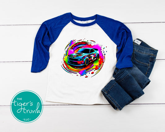 Watercolor racecar shirt with optional age customization, available in toddler, youth, and adult sizes, perfect for birthdays and everyday wear.