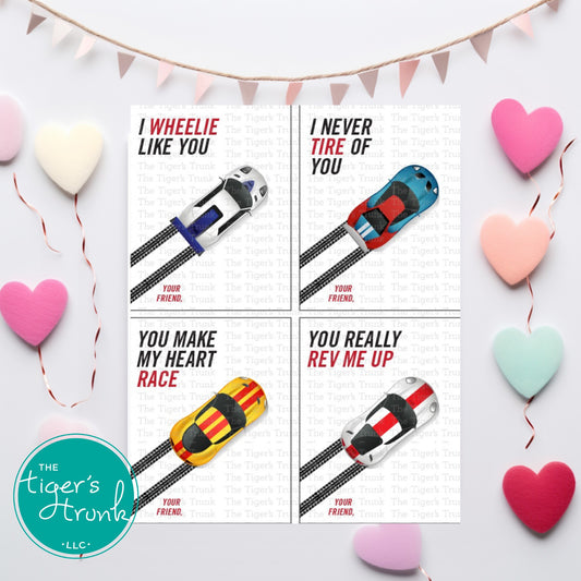 Extra-large Valentine tags featuring racecar designs, 4 unique and vibrant designs, perfect for kids’ classroom exchanges and party favors.