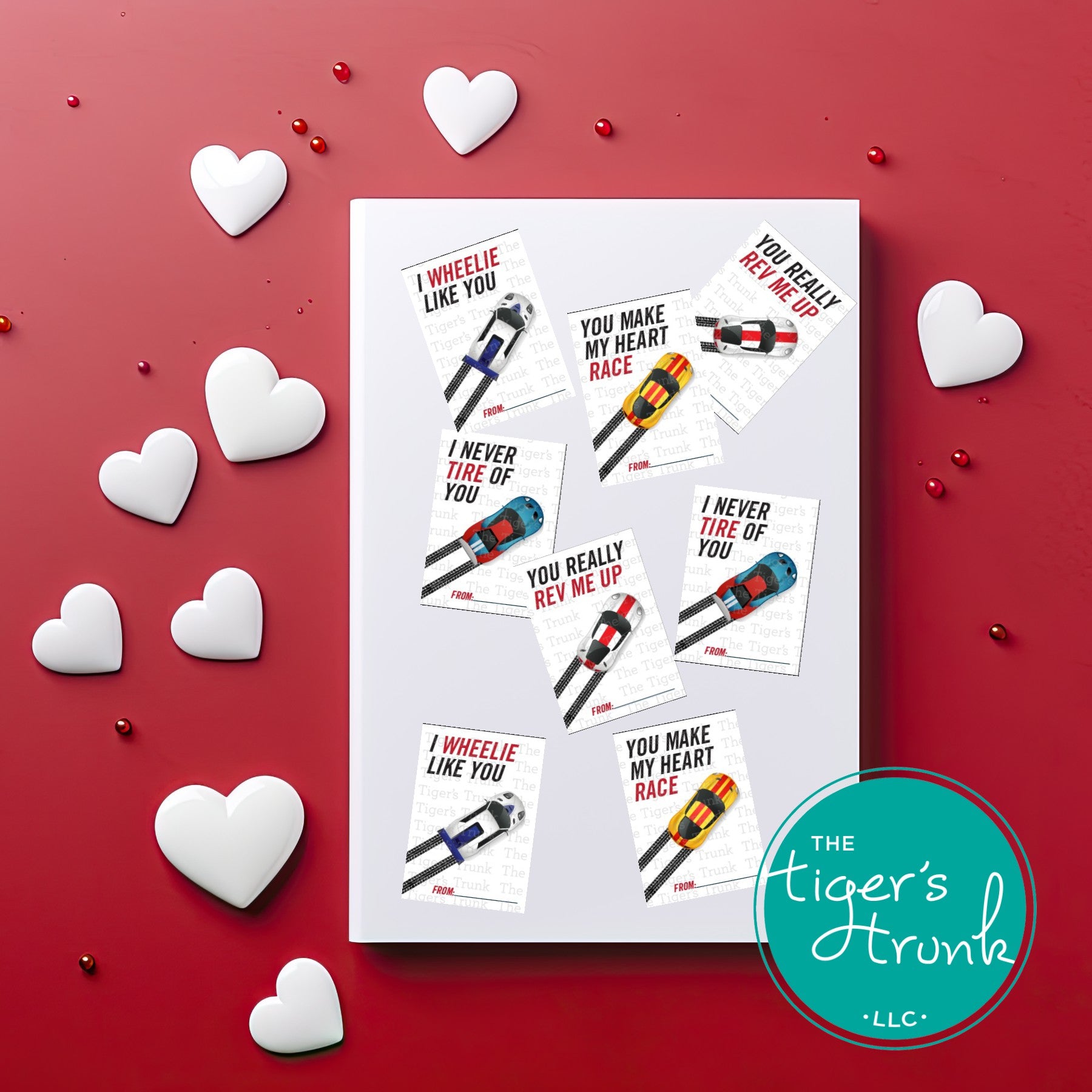 Printable digital Valentine’s cards with racecar designs, 8 unique designs and 4 slogans, perfect for kids and classroom exchanges.