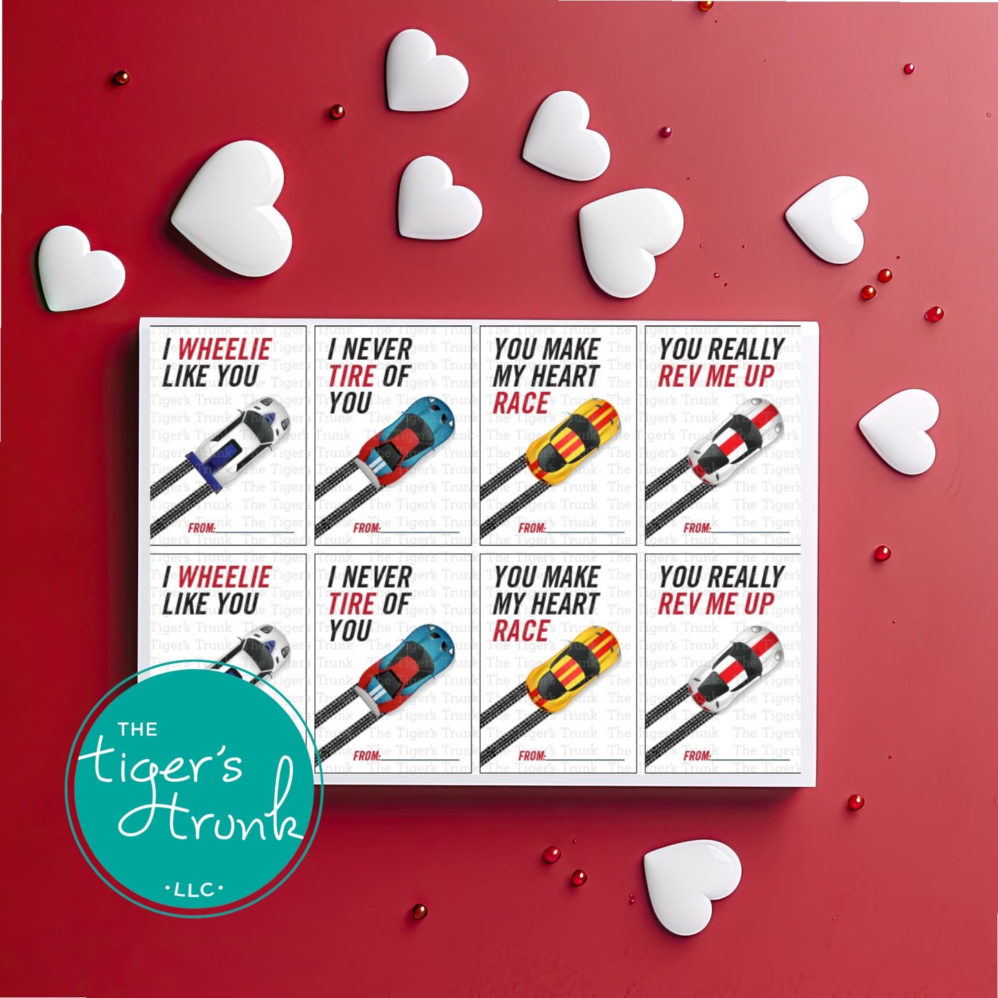 Printable digital Valentine’s cards with racecar designs, 8 unique designs and 4 slogans, perfect for kids and classroom exchanges.