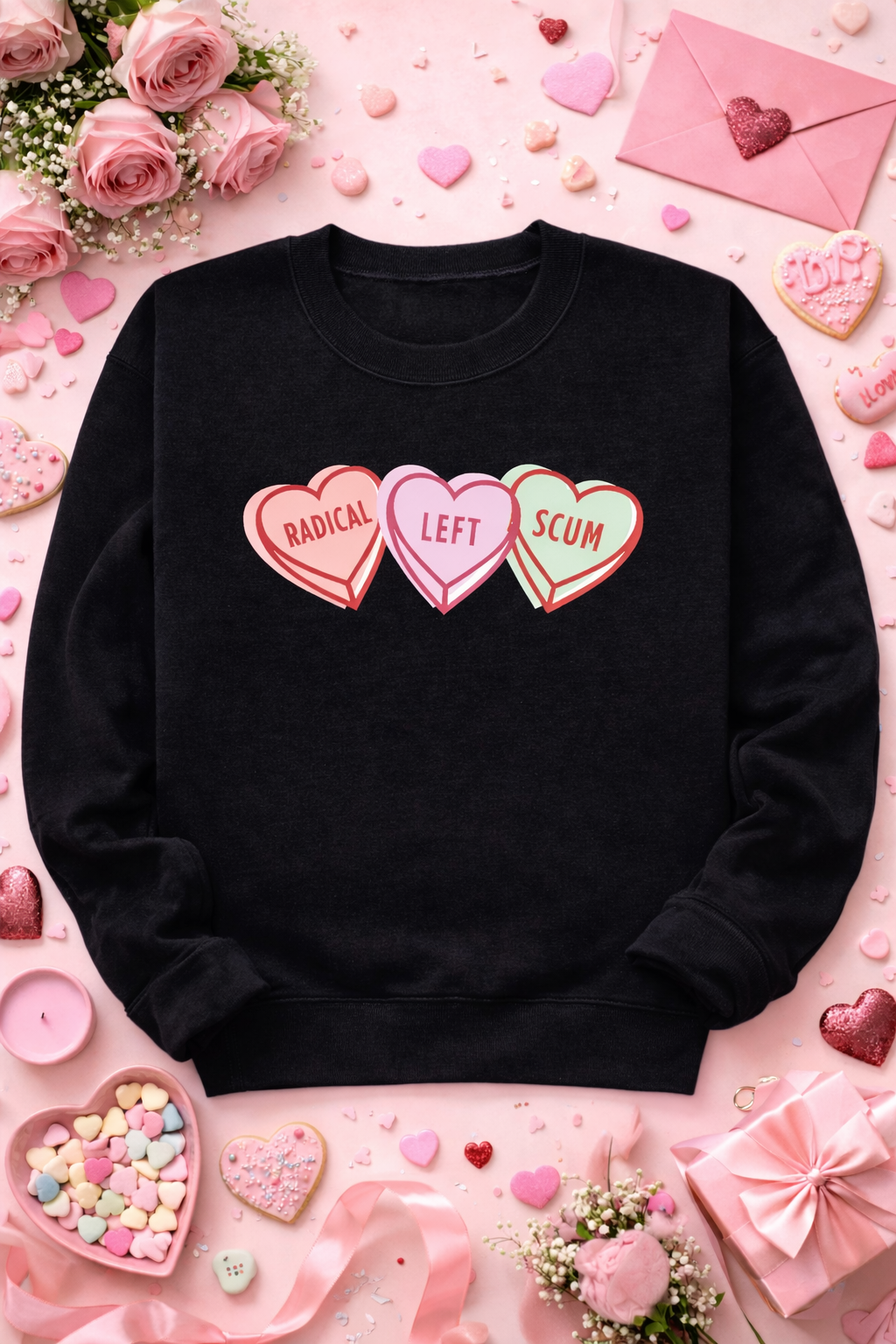 Black sweatshirt with colorful heart-shaped text on a pink background with decorative elements.