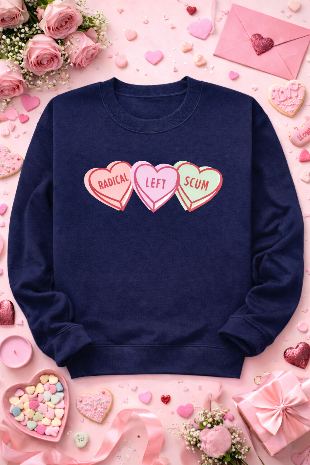 Navy blue sweatshirt with colorful heart-shaped text on a pink background with flowers and hearts.
