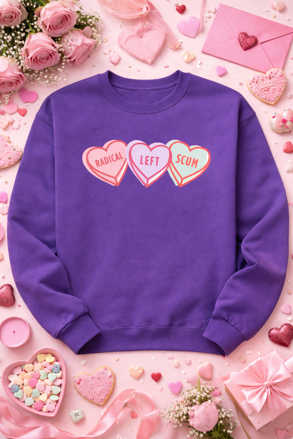 Purple sweatshirt with heart-shaped text on a pink background with hearts and flowers