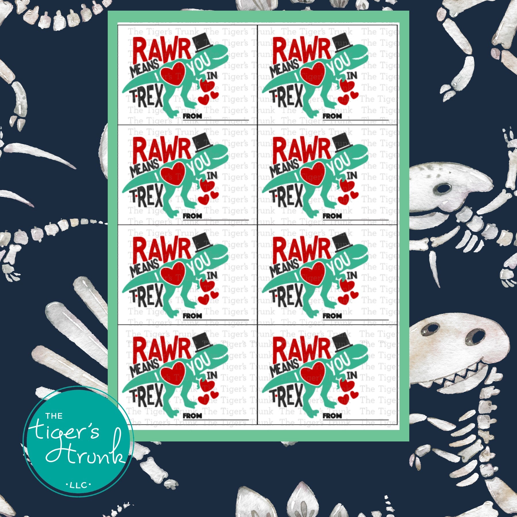 Printable Valentine’s cards featuring a T-Rex graphic and the phrase Rawr Means I Love You in T-Rex, perfect for kids.