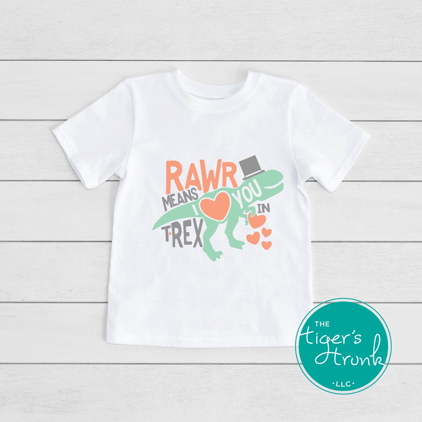 Kids Valentine’s Day t-shirt with a playful T-Rex graphic and the phrase Rawr Means I Love You in T-Rex, perfect for dinosaur fans.