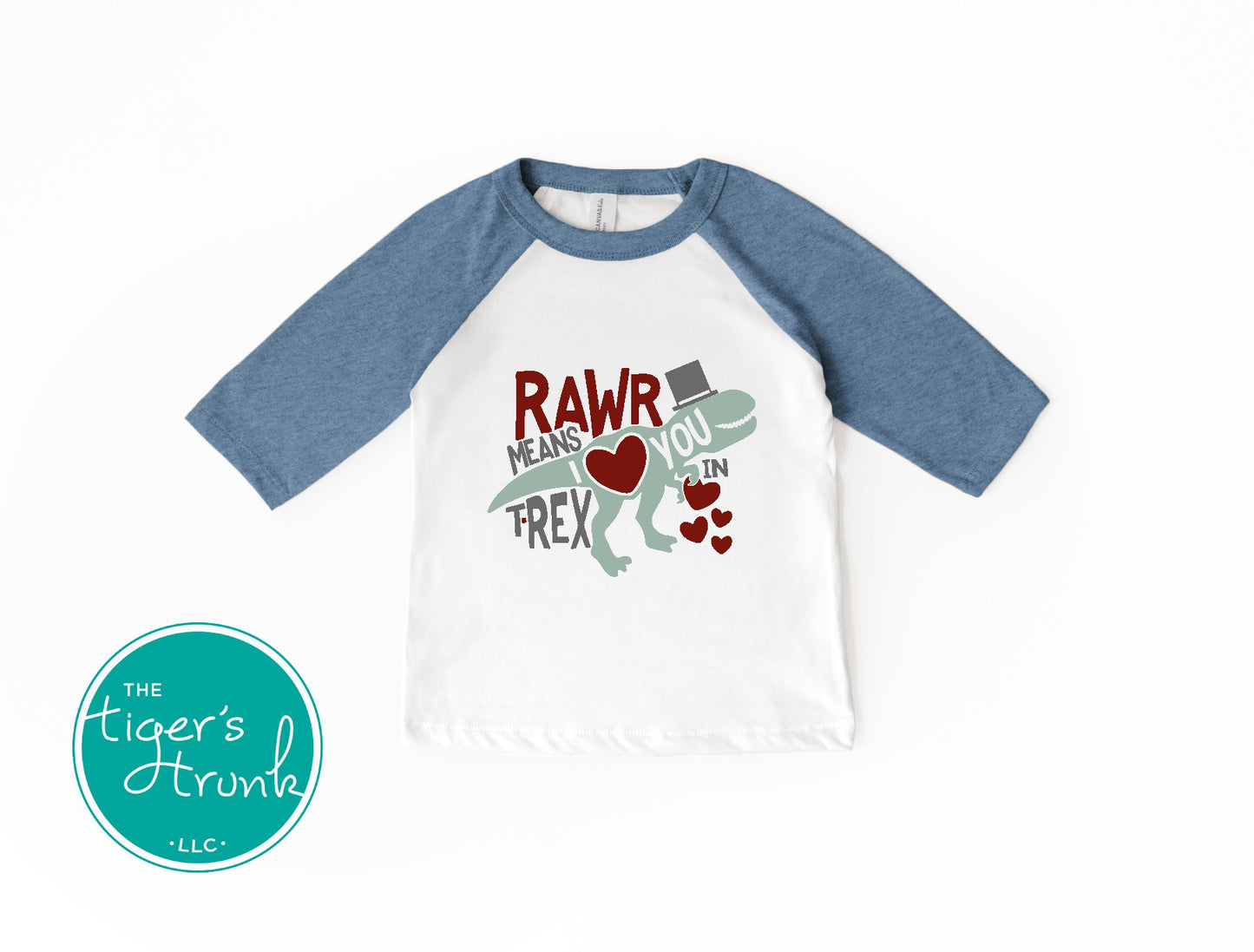 Kids Valentine’s Day t-shirt with a playful T-Rex graphic and the phrase Rawr Means I Love You in T-Rex, perfect for dinosaur fans.