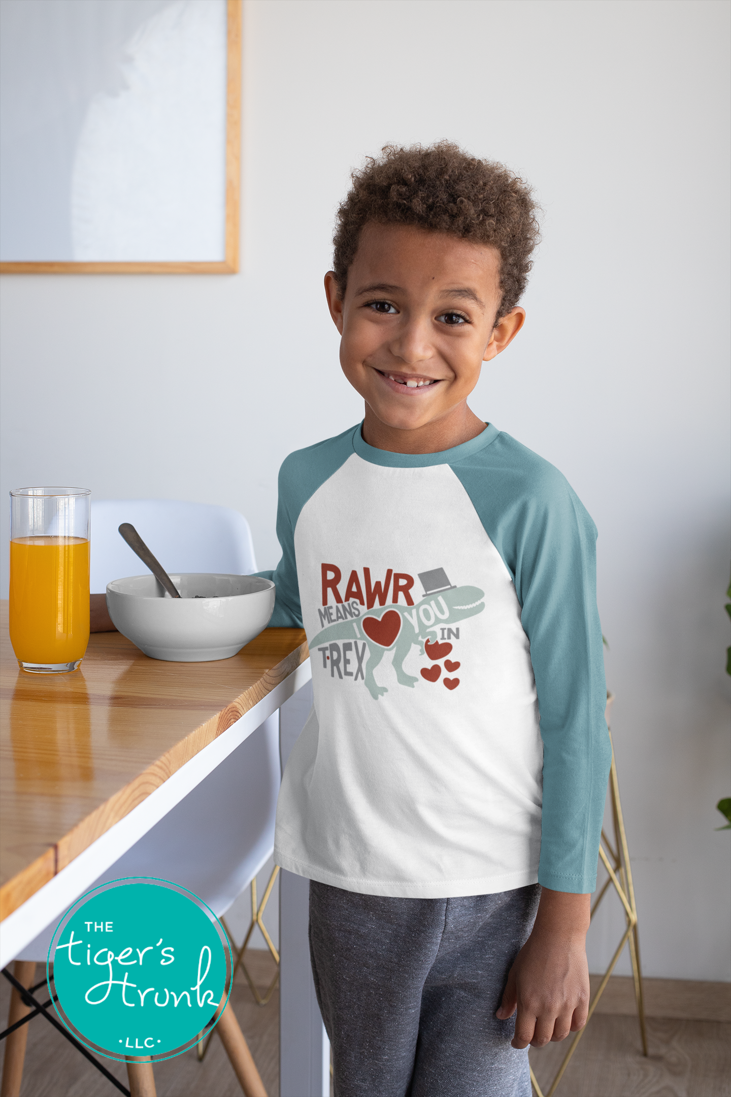 Kids Valentine’s Day t-shirt with a playful T-Rex graphic and the phrase Rawr Means I Love You in T-Rex, perfect for dinosaur fans.