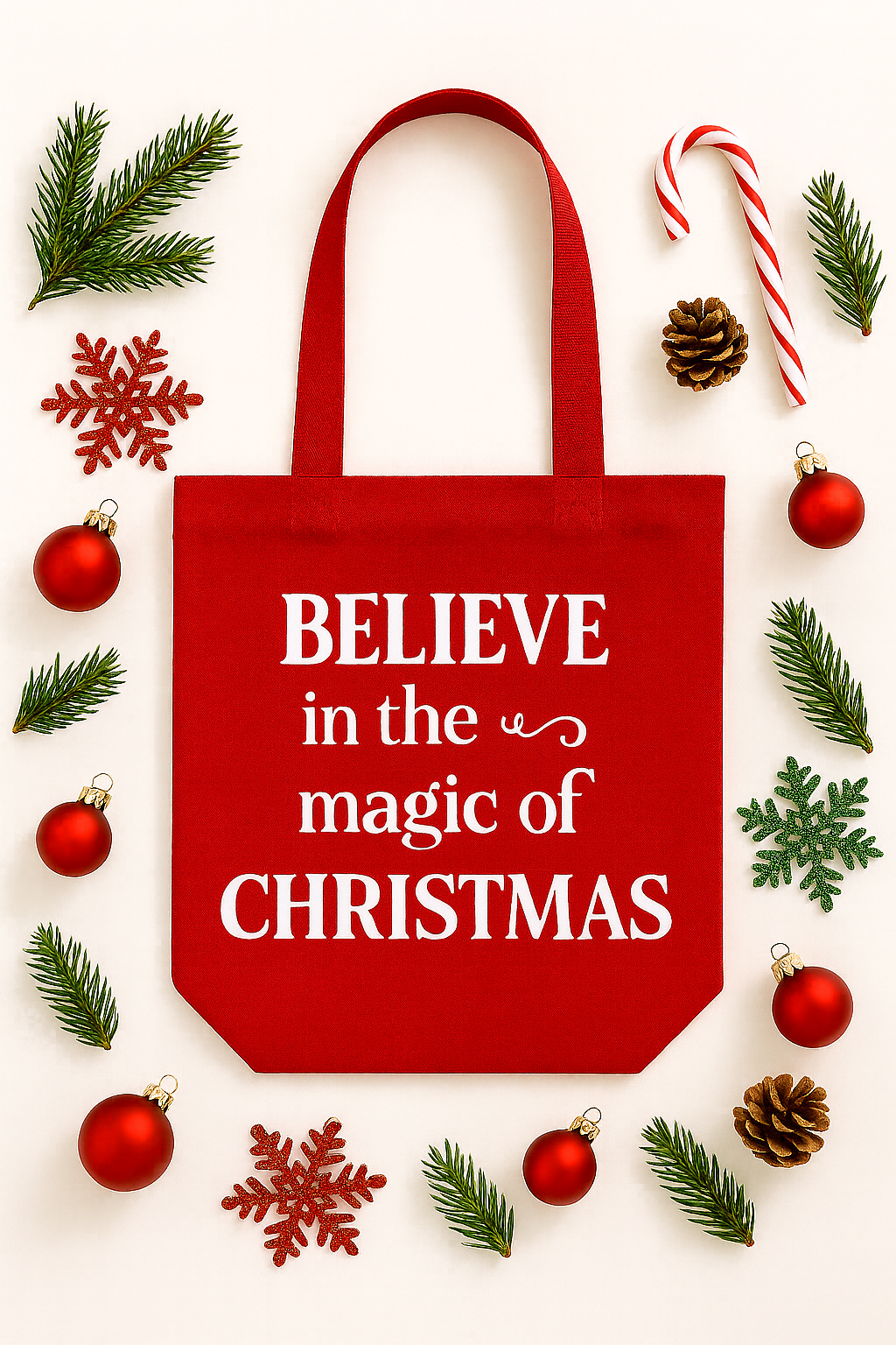 Red Canvas Tote Bag Mockup with Christmas Decor PNG
