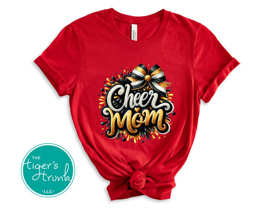 Red t-shirt with 'Cheer Mom' design and The Tiger's Trunk logo.