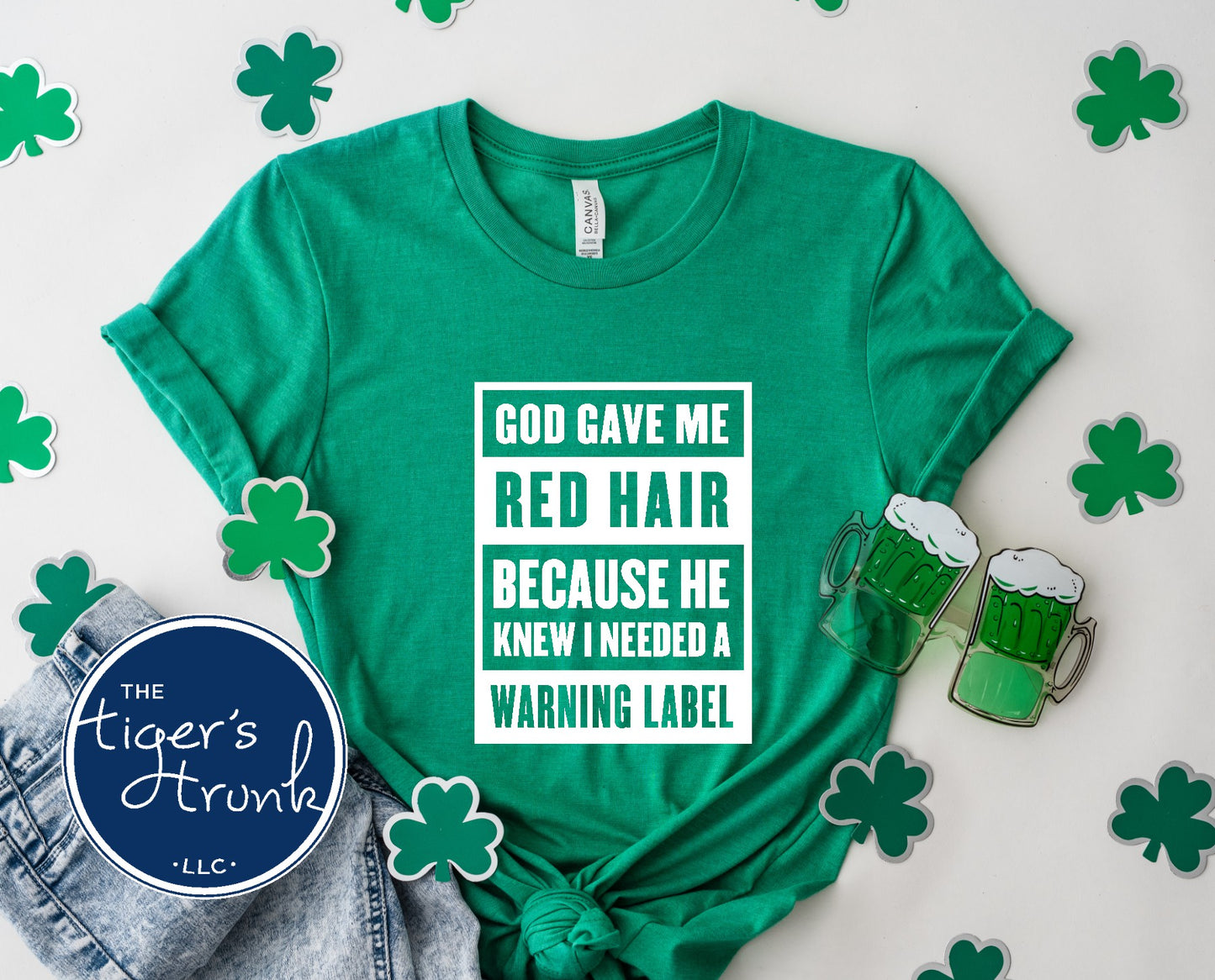 elly green St. Patrick’s Day red hair warning label shirt with shamrock props.