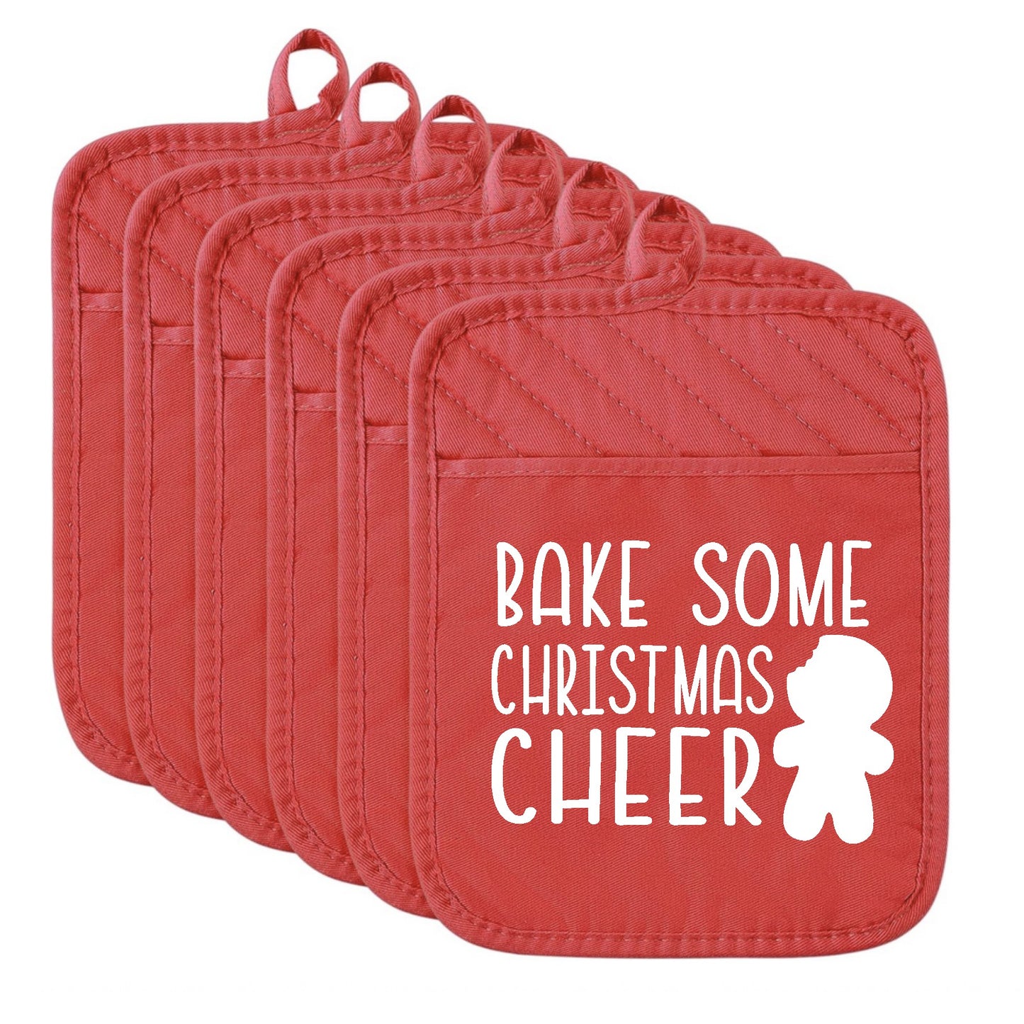 Set of red pot holders with 'Bake Some Christmas Cheer' text and gingerbread man design on a white background.