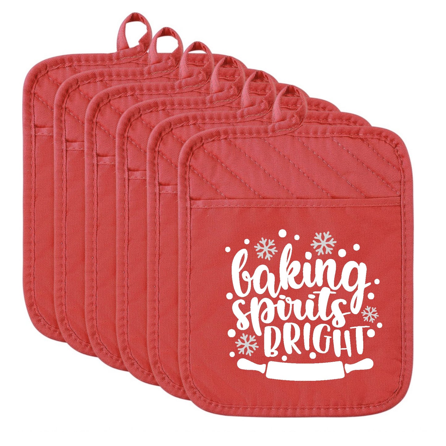 Set of red pot holders with 'Baking Spirits Bright' text on a white background