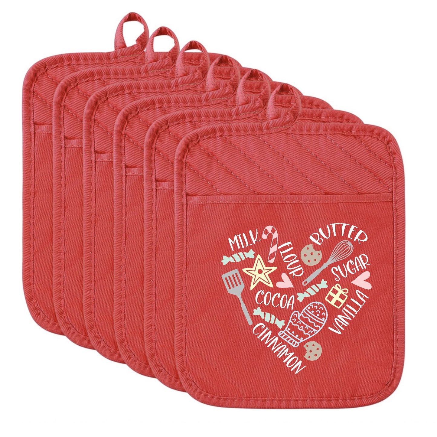 Set of red pot holders with a heart design and text on a white background