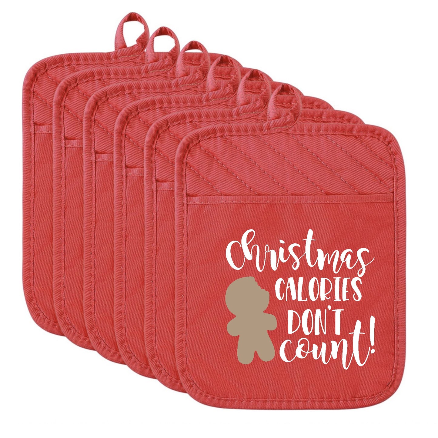 Set of red pot holders with 'Christmas calories don't count!' text and gingerbread man design.