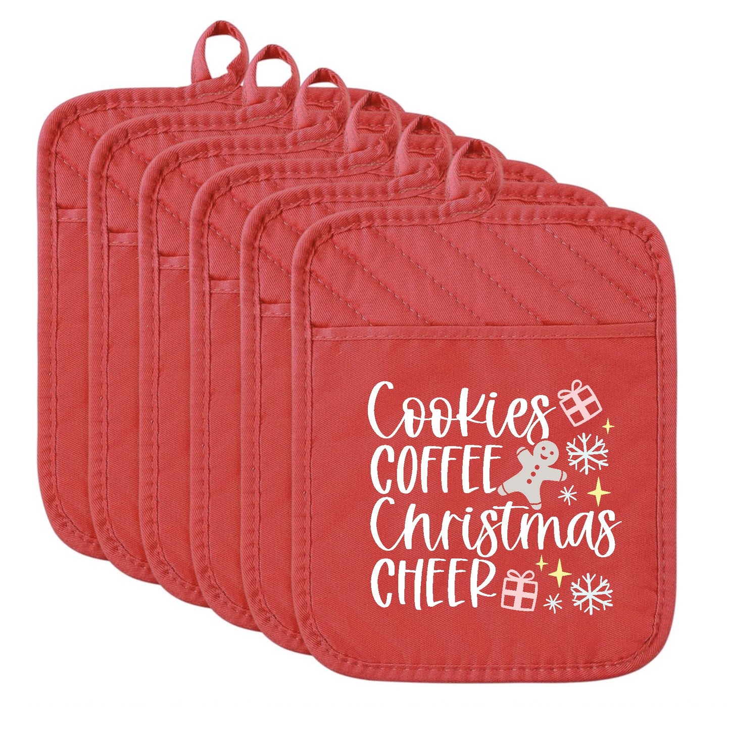 Set of red pot holders with Christmas-themed text and graphics on a white background
