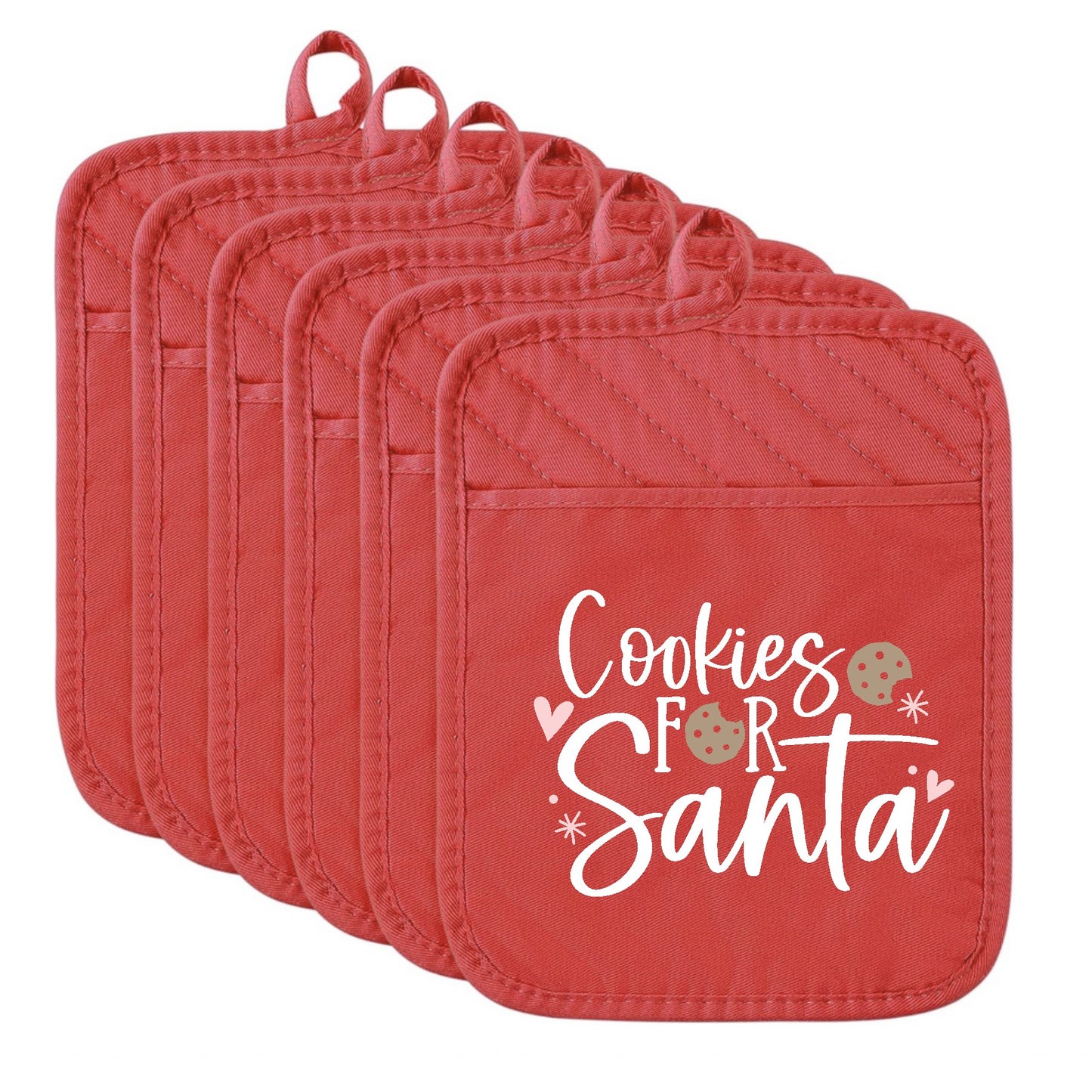 Set of red pot holders with 'Cookies for Santa' text on a white background